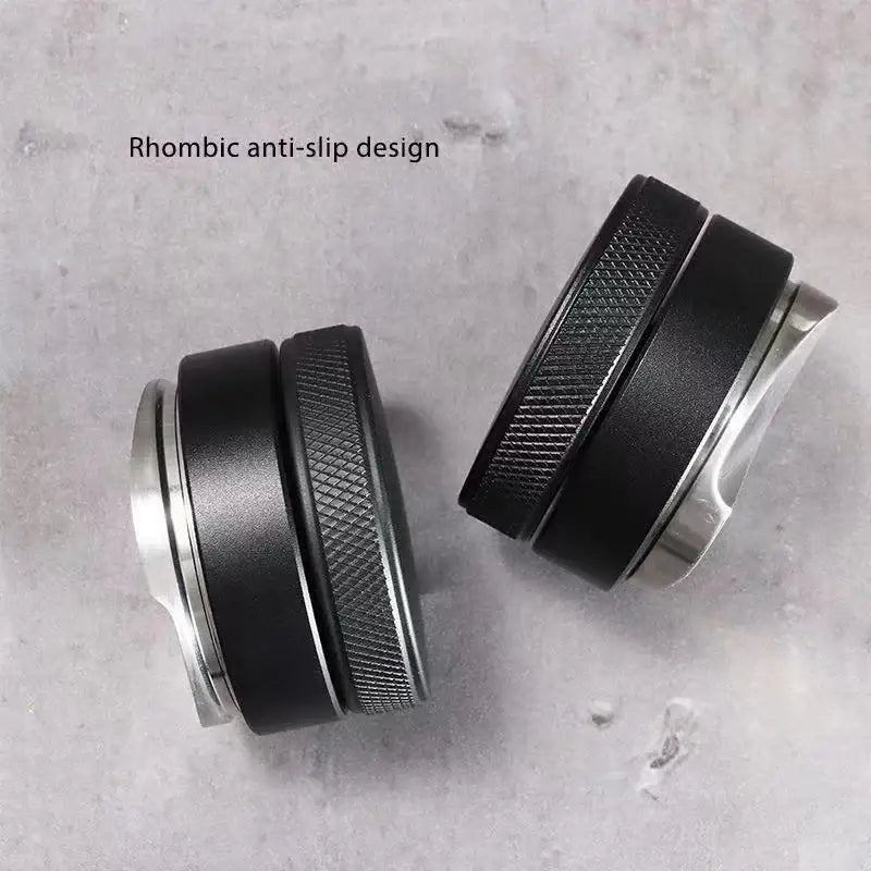 Matte black and silver adjustable palm tamper with rhombic anti slip design for kitchen coffee distribution tool
