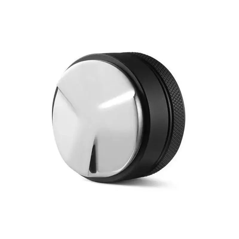 Matte black and silver adjustable palm tamper with textured grip ring for precise coffee tamping and distribution