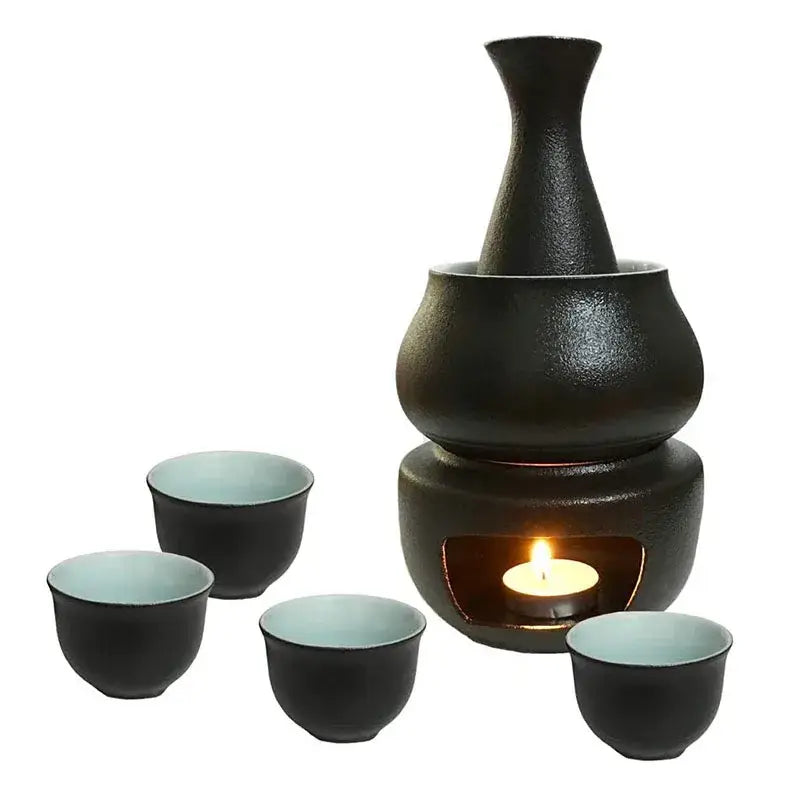 Matte black and light blue decorbites ceramic sake set with matte finish and blue interior for dining room warmer kit