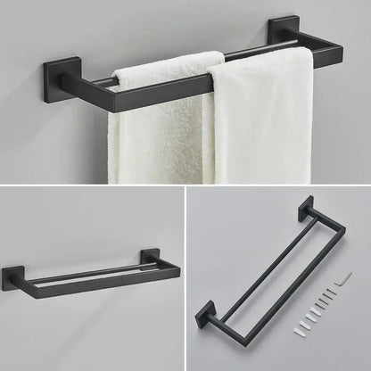 Matte black bathroom accessories set featuring a black matte-finished double towel rack with square wall mounts and two bars