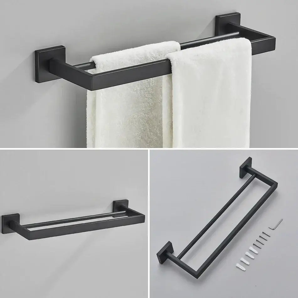 Matte black bathroom accessories set featuring a black matte-finished double towel rack with square wall mounts and two bars