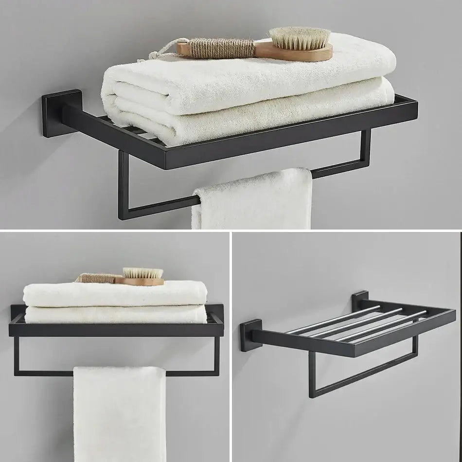 Matte black metal bathroom towel rack with sleek modern design two tiers for folded towels and hanging towel decorbites black bathroom accessories set