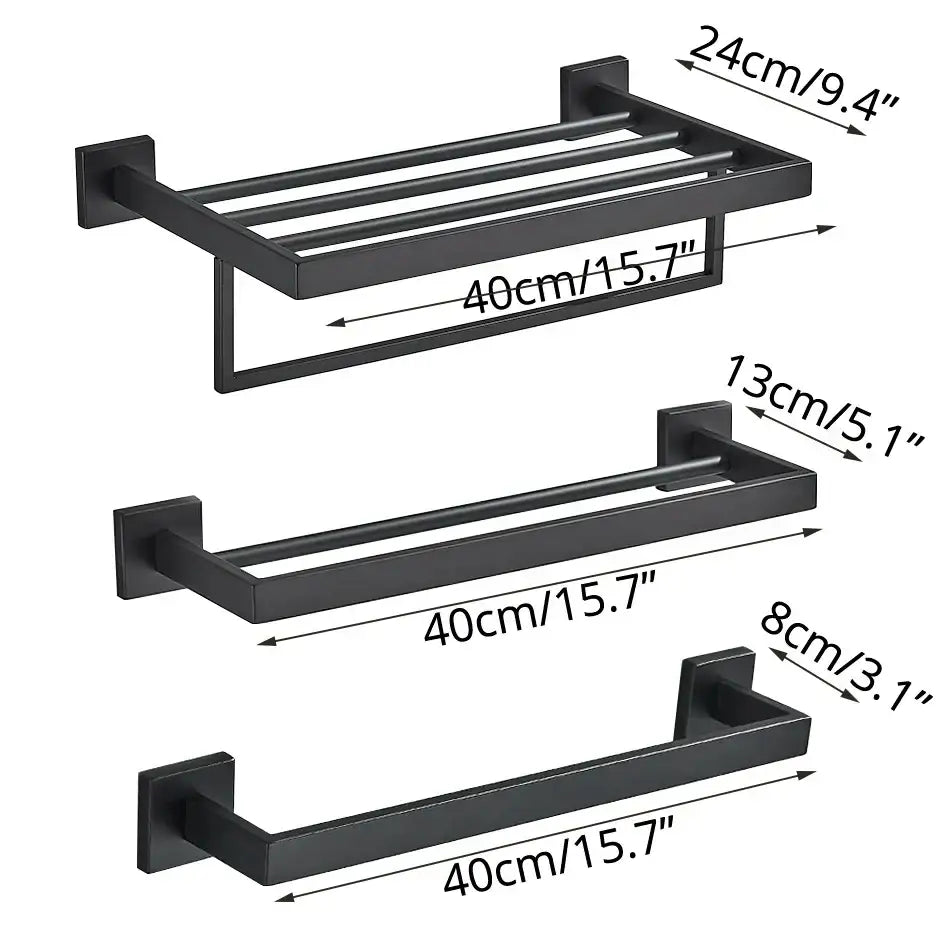 Set of three modern black matte metal towel racks in varying lengths from decorbites black bathroom accessories set