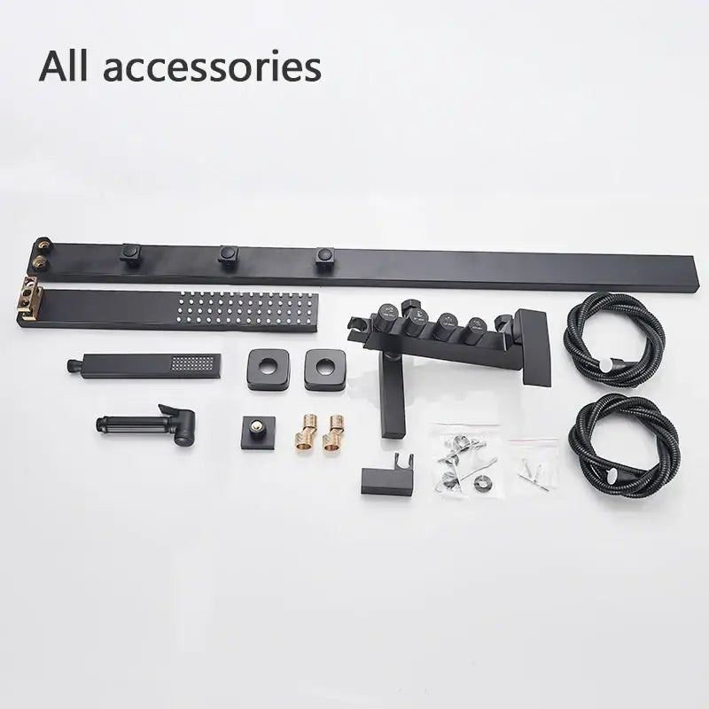 Matte black bathroom faucet shower system with rainfall column featuring black matte finish, brass accents, and coiled hoses