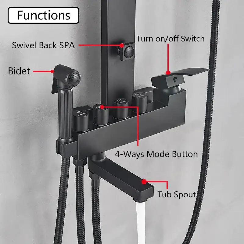 Matte black bathroom faucet shower system with rainfall column featuring black bathroom faucet and integrated bidet functions