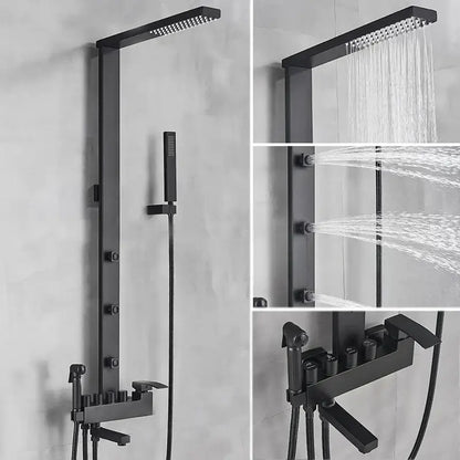 Matte black bathroom faucet shower system with rainfall column and black matte finish featuring rainhead and handheld spray nozzle