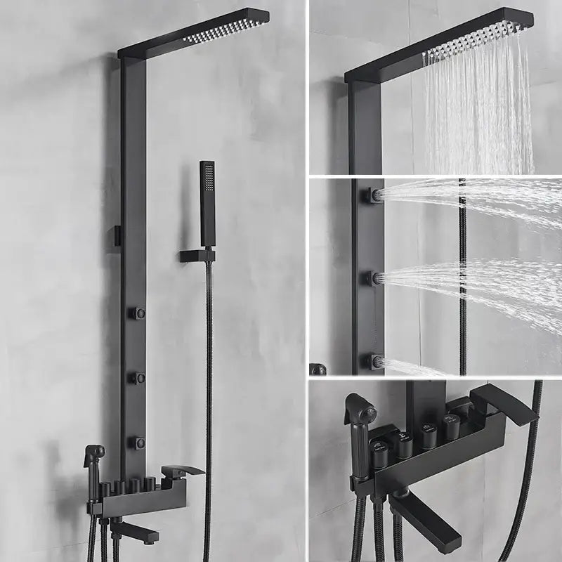Matte black bathroom faucet shower system with rainfall column and black matte finish featuring rainhead and handheld spray nozzle