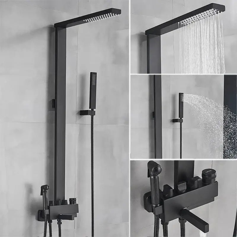Matte black bathroom faucet shower system with rainfall column featuring black matte finish and integrated control panel