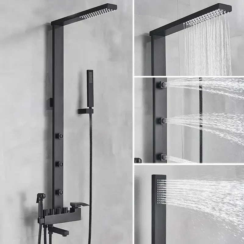 Matte black bathroom faucet shower system with rainfall column featuring black matte finish and handheld spray nozzle by decorbites