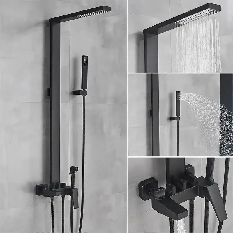 Matte black bathroom faucet shower system with rainfall column featuring black matte finish and integrated control valve