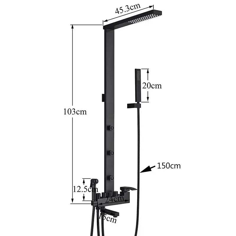 Matte black bathroom faucet shower system with rainfall column featuring a rectangular rainhead and handheld sprayer by decorbites black bathroom
