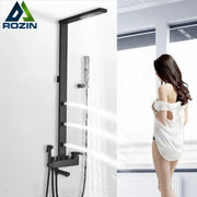 Matte black bathroom faucet shower system with rainfall column and handheld nozzle featuring multiple spray settings in black decorbites black bathroom finish