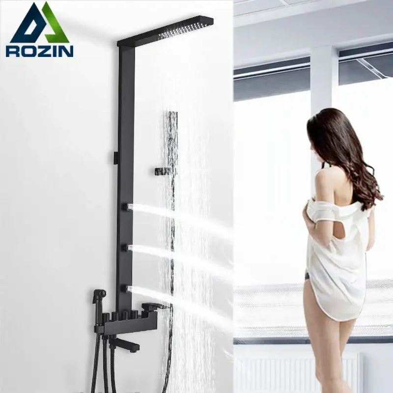 Matte black bathroom faucet shower system with rainfall column and handheld nozzle featuring multiple spray settings in black decorbites black bathroom finish