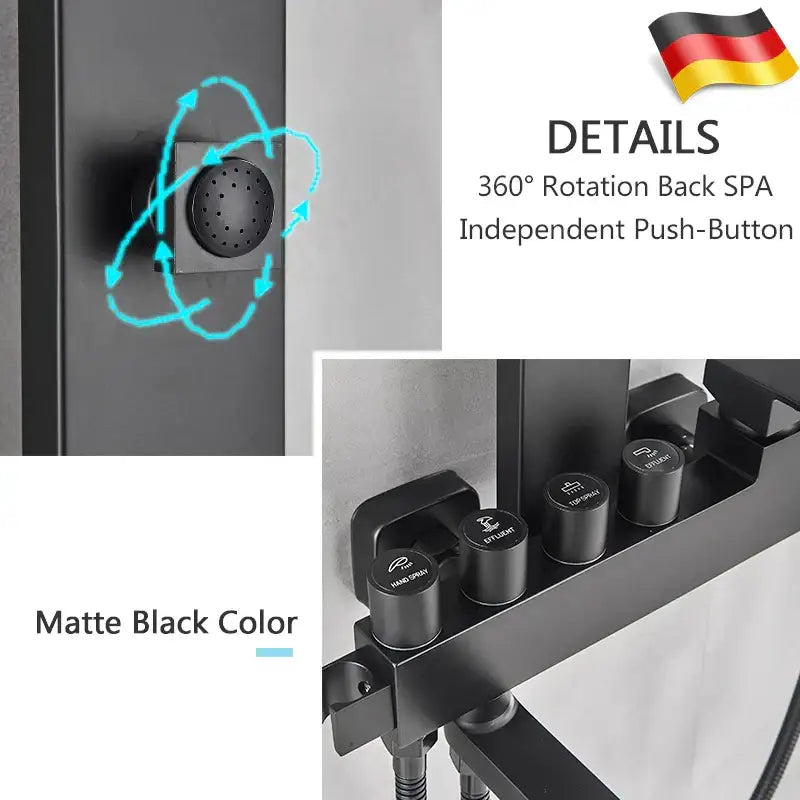 Matte black bathroom faucet shower system with 360° rotating back spa spray and push-button controls decorbites black bathroom