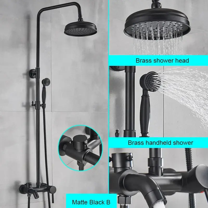 Matte black brass black bathroom shower faucet with rainfall head handheld spray and wall-mounted controls by decorbites