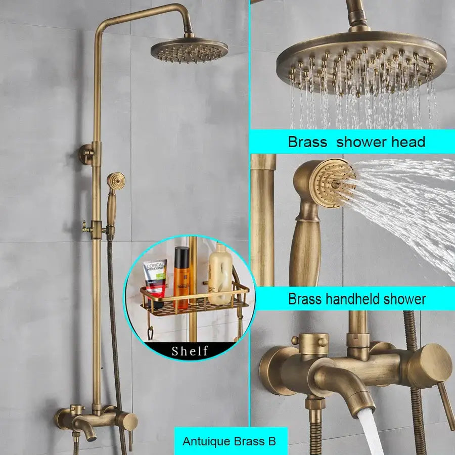 Matte black bathroom shower faucet with antique brass fixed rainhead handheld spray and integrated shelf decorbites black bathroom