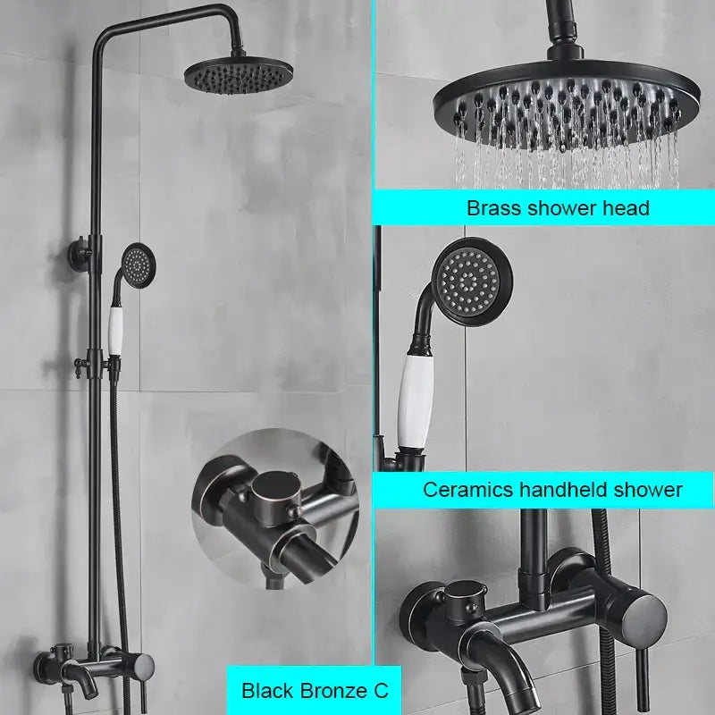 Matte black bathroom shower faucet with rainfall head handheld ceramic shower and matching black bronze decorbites black bathroom fixtures