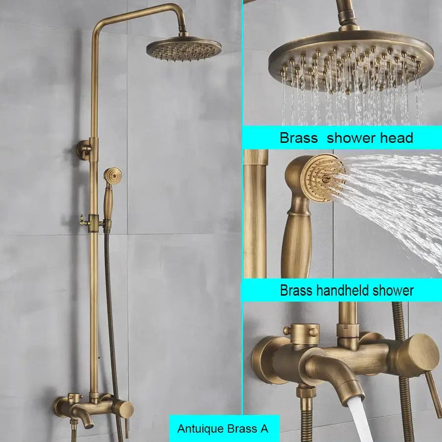 Antique brass shower faucet with fixed rainhead handheld spray and wall mixer valve for decorbites black bathroom shower