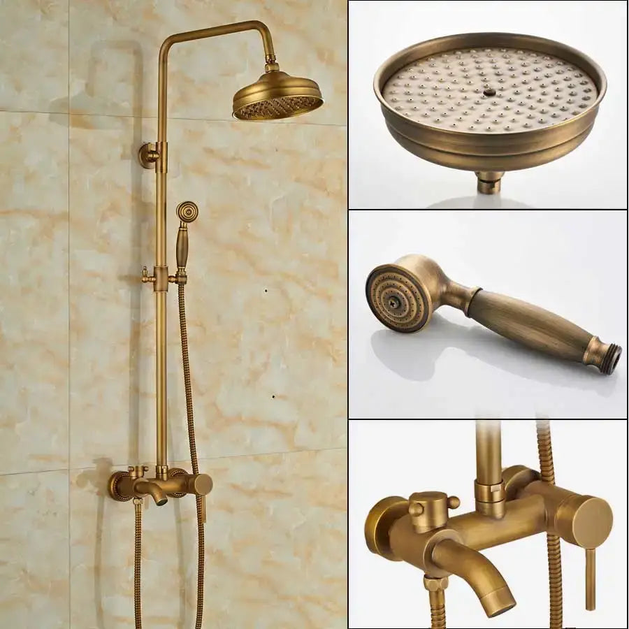 Brass-finished vintage-style shower faucet with fixed rainhead handheld spray and wall valve for decorbites black bathroom shower setup