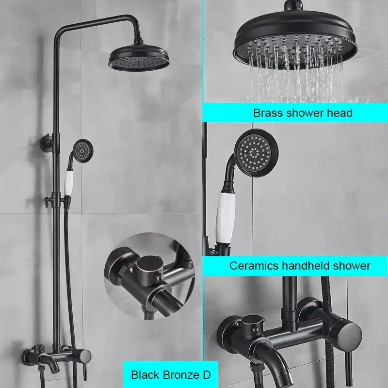 Matte black bathroom shower faucet with rainfall head, handheld ceramic shower, and black bronze finish decorbites black bathroom