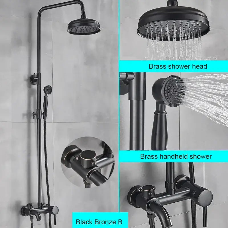 Matte black bathroom shower faucet with rainfall head handheld spray and wall-mounted faucet in black bronze finish
