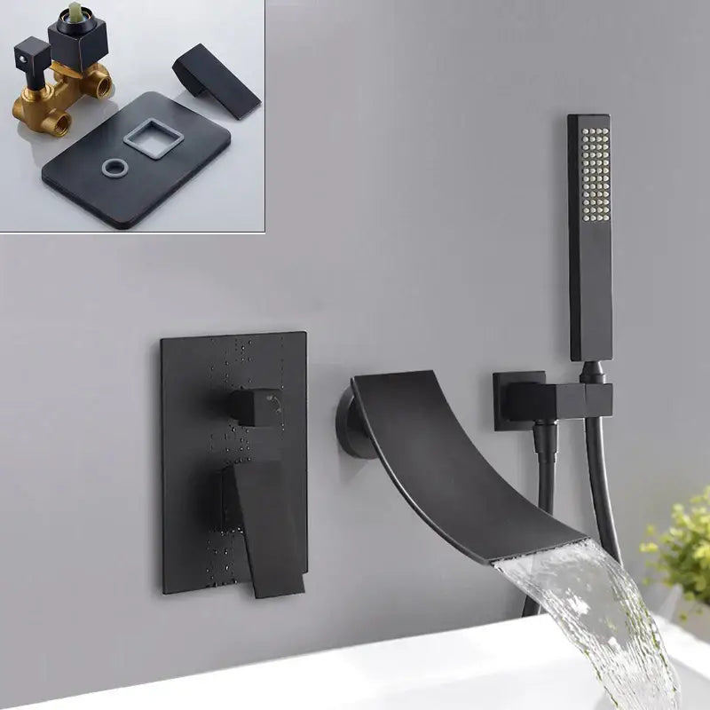 Matte black bathroom waterfall faucet with handheld showerhead in black matte finish by decorbites black bathroom collection