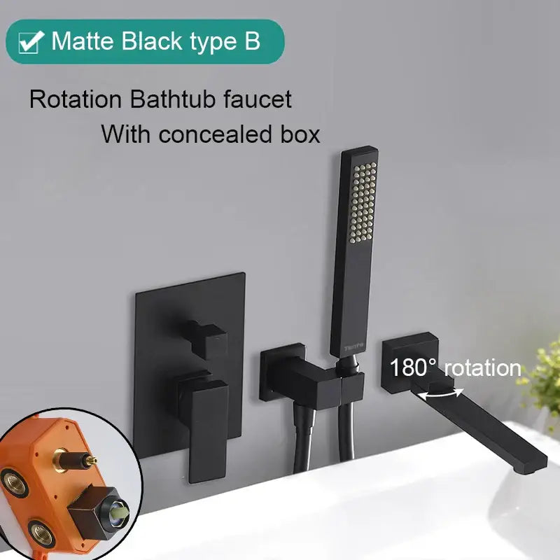 Matte black bathroom waterfall faucet with handheld showerhead featuring rotation faucet with concealed box and swivel spout decorbites black bathroom