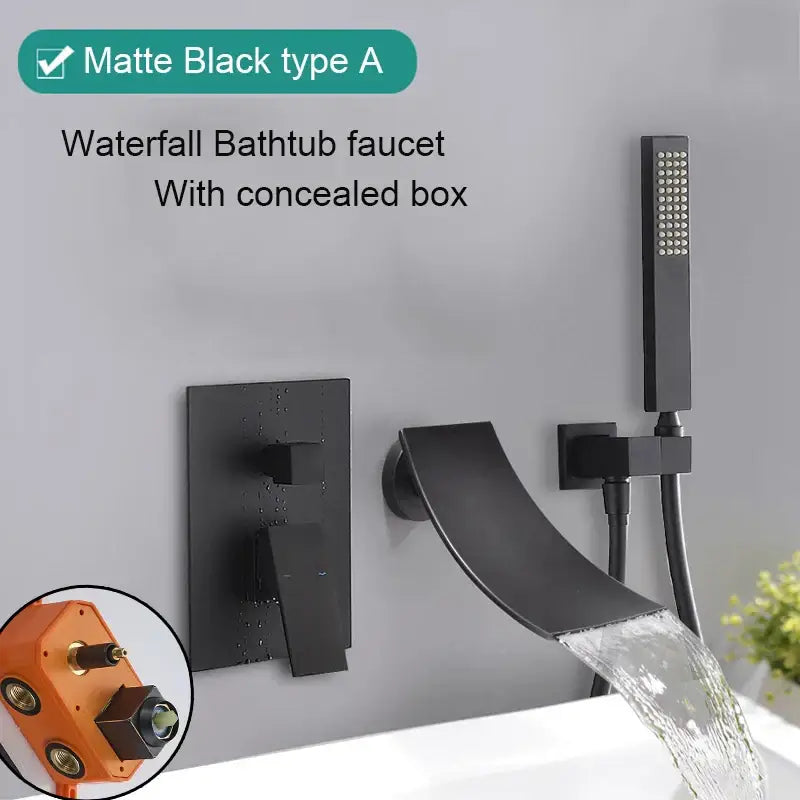 Matte black bathroom waterfall faucet with concealed box and matching handheld showerhead from decorbites black bathroom collection