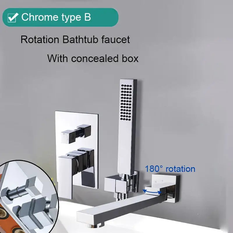 Matte black bathroom waterfall faucet with handheld showerhead features chrome finish and three square knobs for decorbites black bathroom