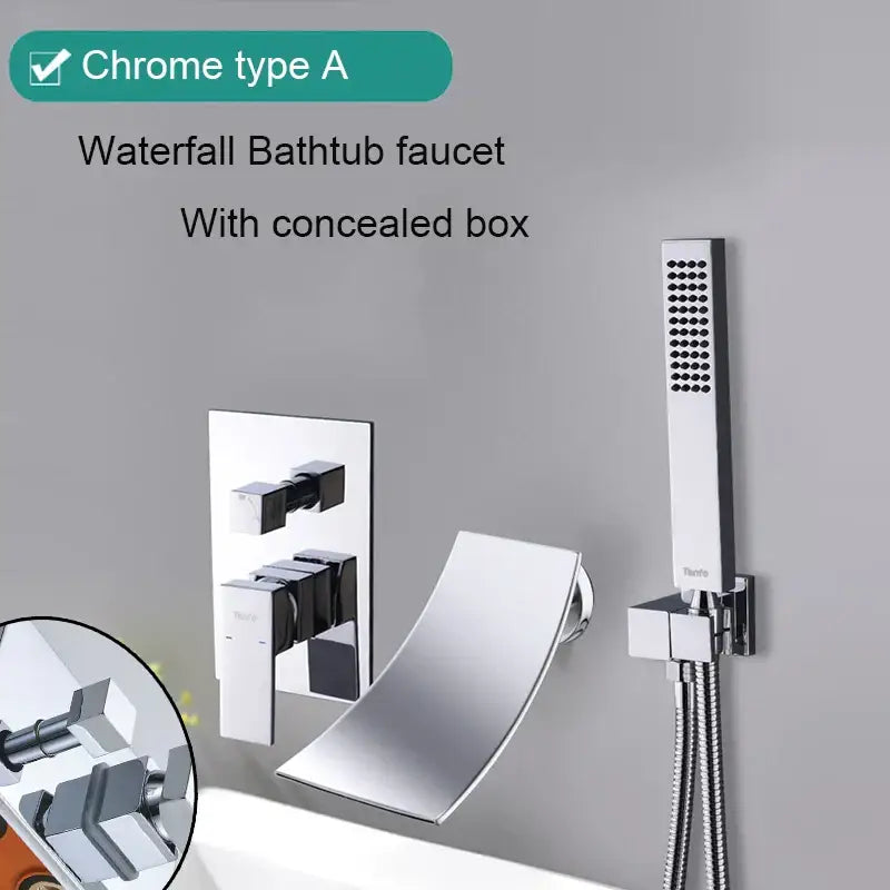 Chrome finished waterfall bathtub faucet set with sleek modern design and matching handheld showerhead for decorbites black bathroom