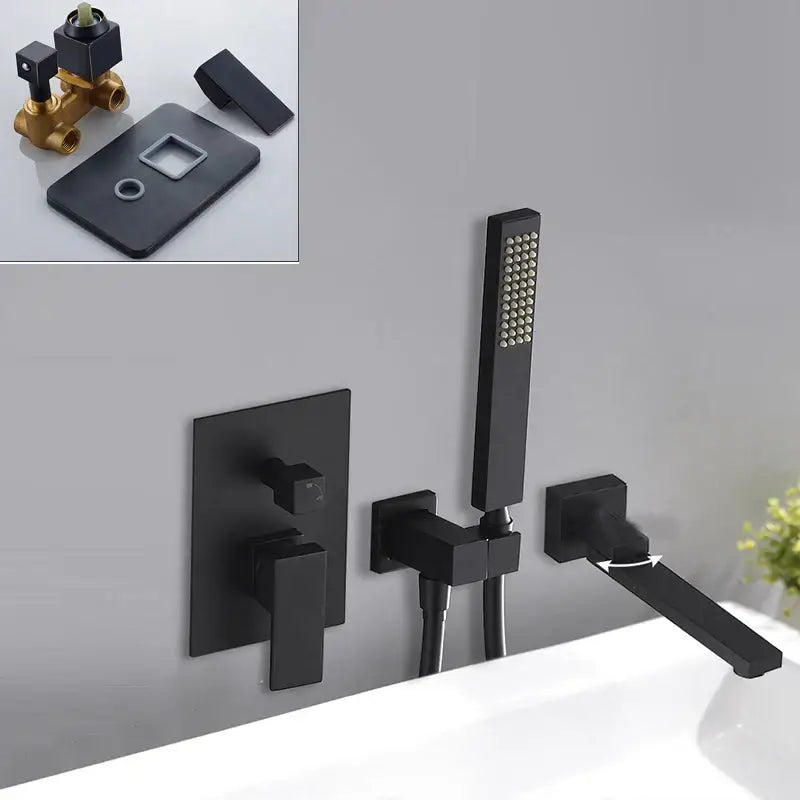 Matte black bathroom waterfall faucet set by decorbites with rectangular spout square handles and handheld showerhead