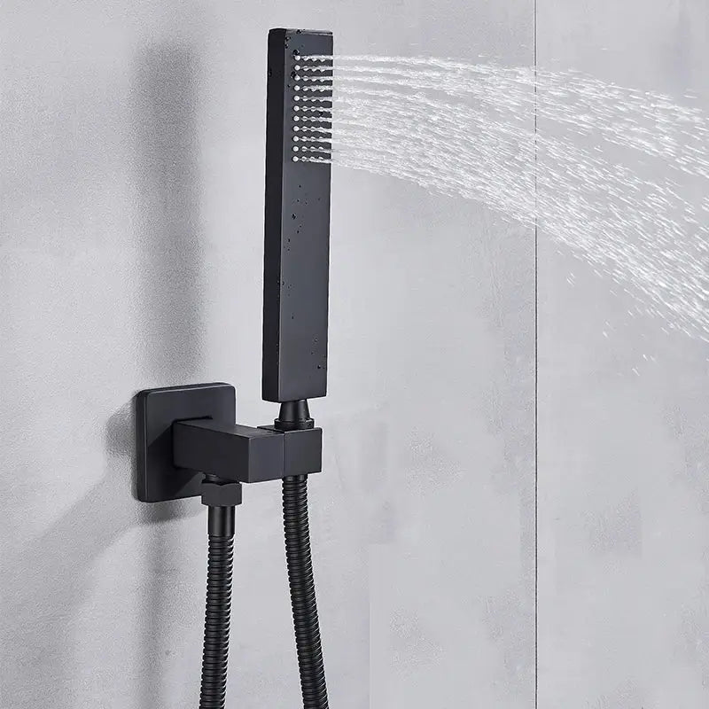 Matte black bathroom waterfall faucet with black matte finish rectangular showerhead and flexible hose by decorbites black bathroom