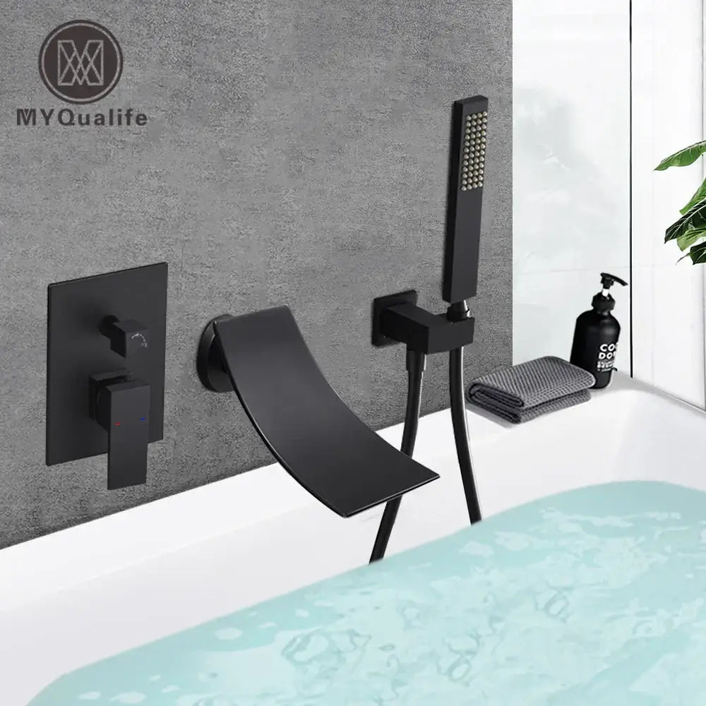 Matte black bathroom waterfall faucet with integrated handheld showerhead from decorbites black bathroom collection