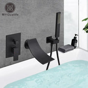 Matte black bathroom waterfall faucet with integrated handheld showerhead from decorbites black bathroom collection