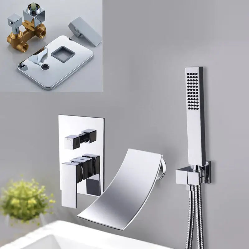 Modern chrome-finished wall-mounted bathtub faucet with sleek curved spout and rectangular panel for decorbites black bathroom