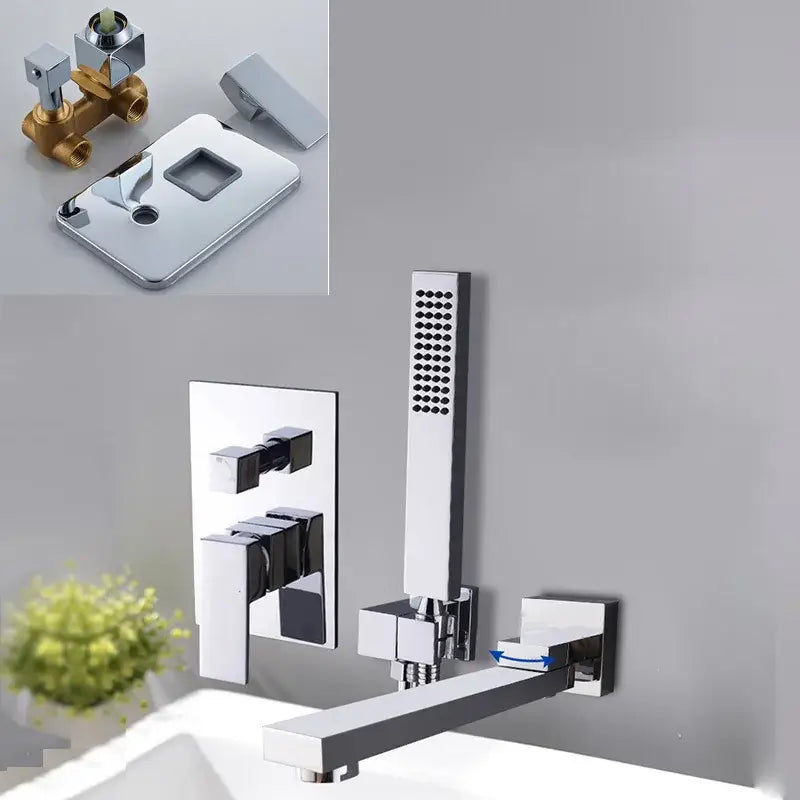 Modern decorbites black bathroom faucet set with matte black waterfall spout and handheld showerhead in chrome finish