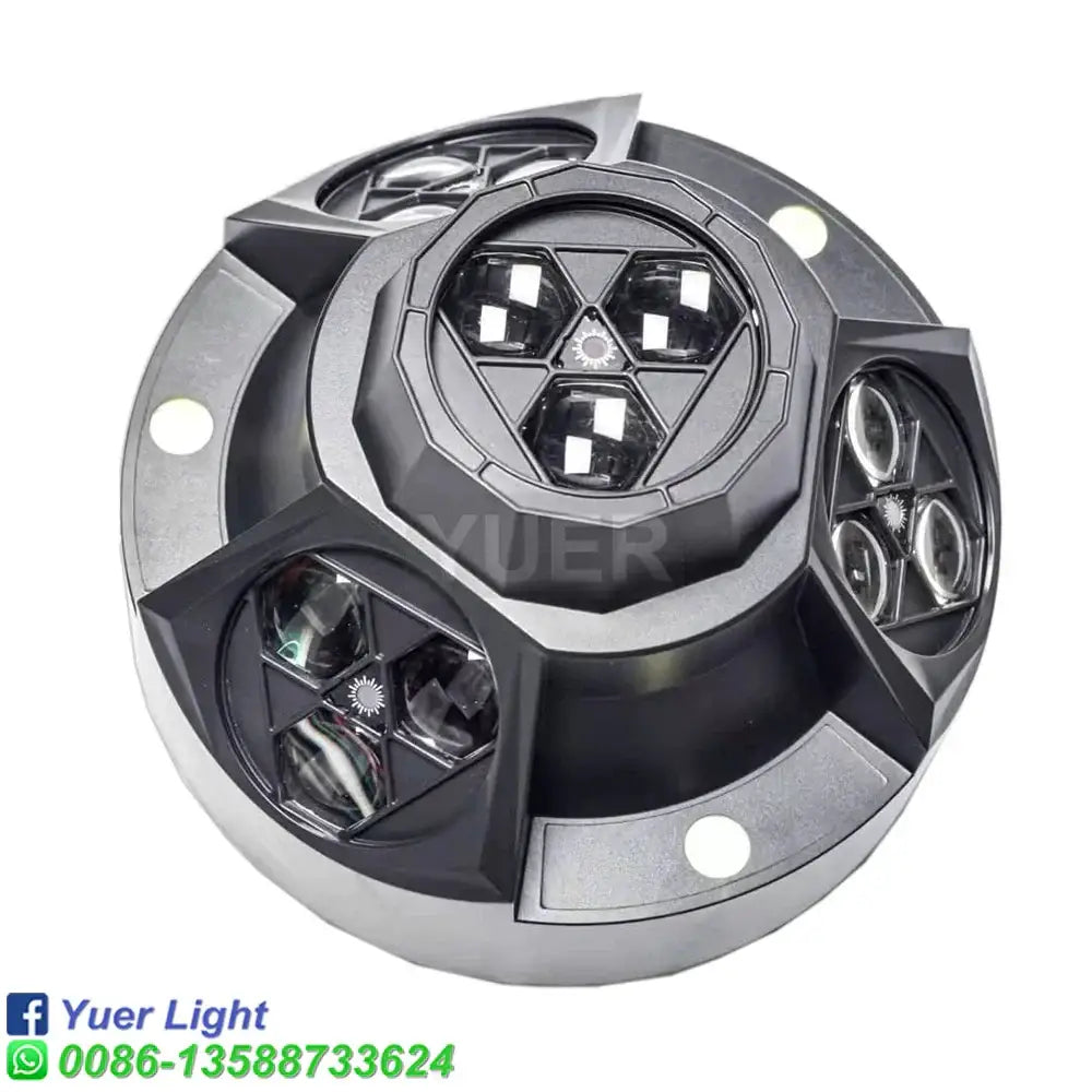 Matte black and silver bee eye strobe laser light with geometric design featuring three illuminated bulb clusters for DJ stage decor