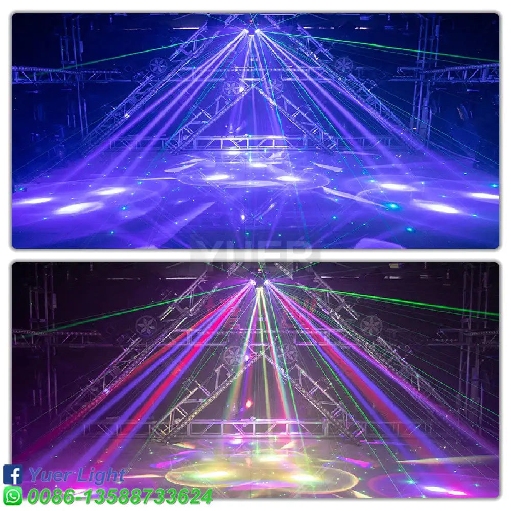 Matte black bee eye strobe laser light projecting vibrant purple green and red beams for dj party stage decor
