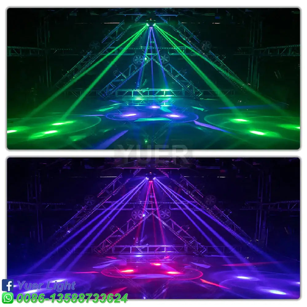 Matte black bee eye strobe laser light with vibrant green and purple beams for dj party stage decor