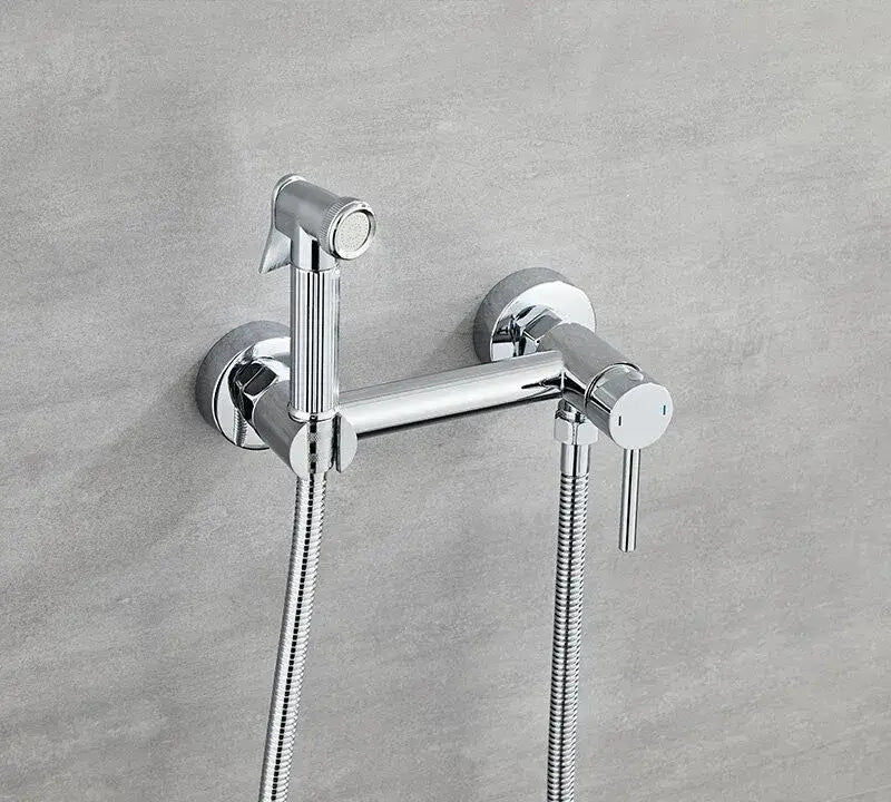 Chrome finished wall-mounted bidet faucet set with integrated handheld sprayer and separate hose for bathroom use