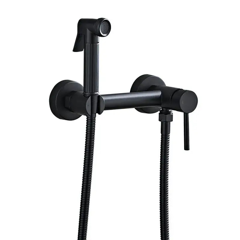 Matte black bidet faucet set with wall-mounted black matte-finish faucet and integrated handheld sprayer with hoses