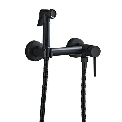 Matte black bidet faucet set with wall-mounted black matte-finish faucet and integrated handheld sprayer with hoses