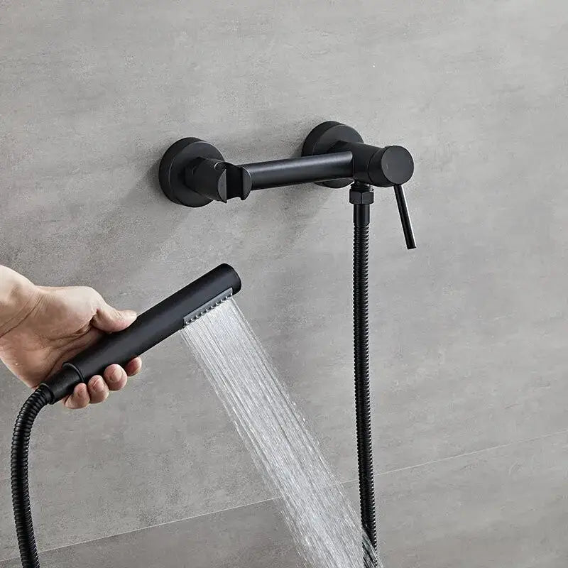 Matte black bidet faucet set with wall-mounted shower faucet and handheld sprayer with flexible hose for bathroom use