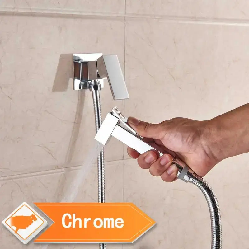 Chrome-finished handheld showerhead with sleek design and flexible metal hose for decorbites black bidet faucet use