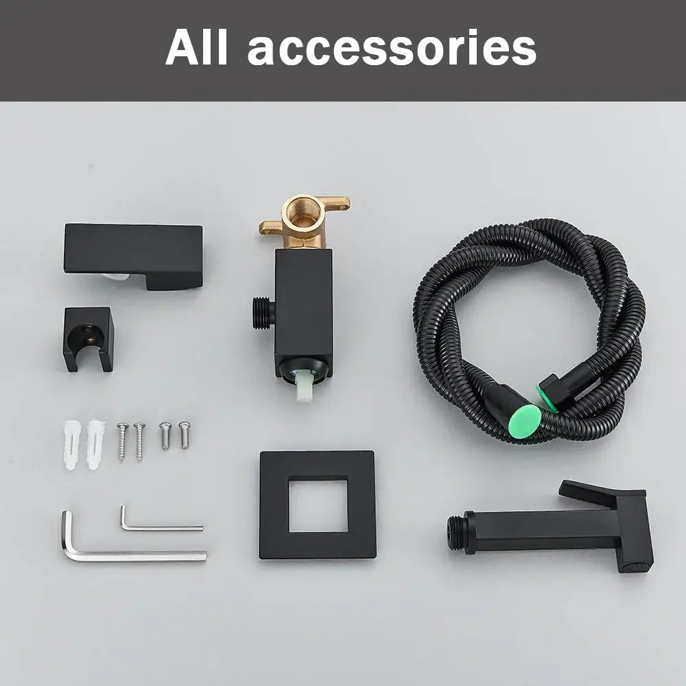 Matte black bidet faucet with handheld sprayer featuring brass accents and coiled hose with green connectors by decorbites