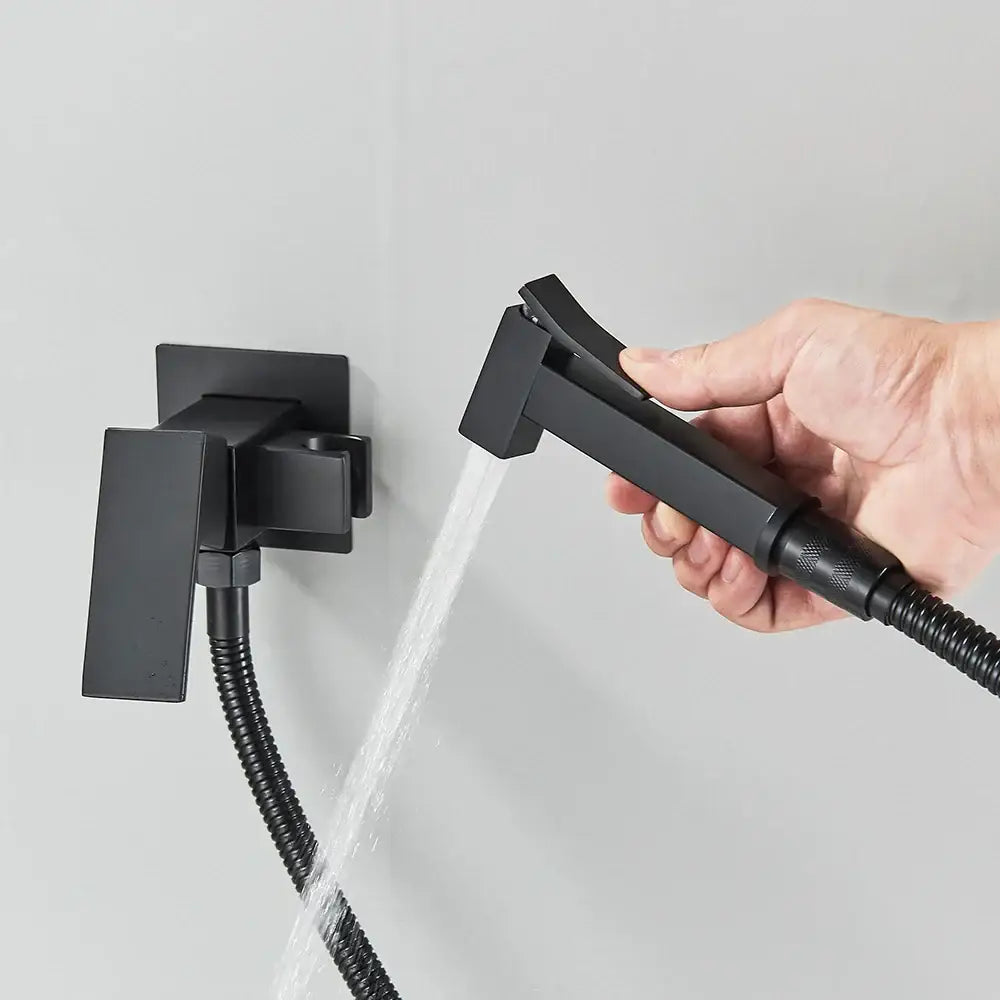 Matte black bidet faucet with handheld sprayer featuring a black matte finish and flexible hose for bathroom use