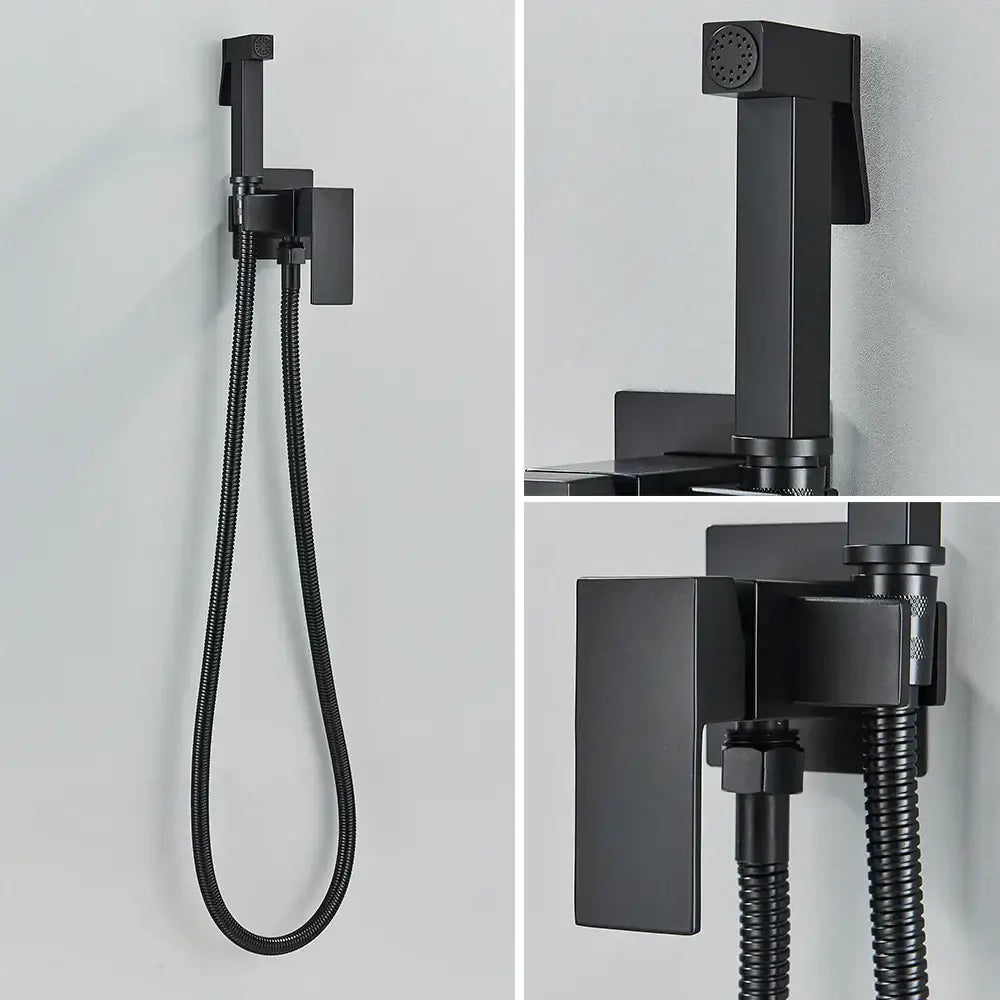 Matte black bidet faucet with handheld sprayer featuring a black matte finish wall-mounted shower and flexible hose