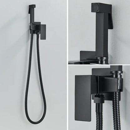 Matte black bidet faucet with handheld sprayer featuring a black matte finish wall-mounted shower and flexible hose
