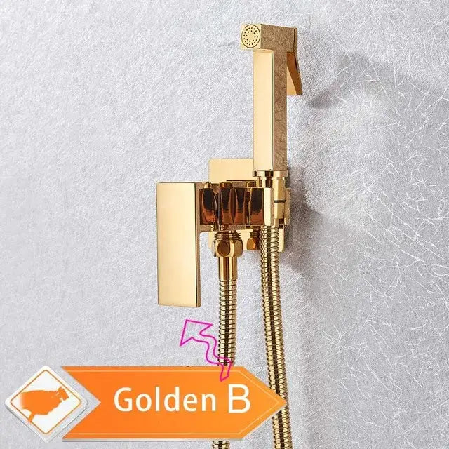 Matte black bidet faucet with handheld sprayer and gold-finished shower fixture featuring a sleek rectangular control valve