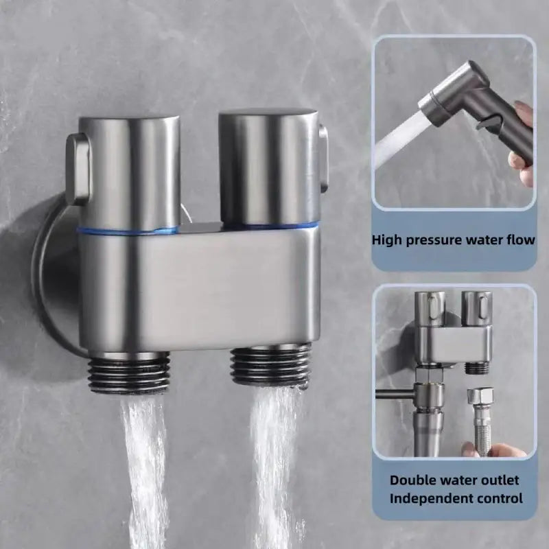 Silver dual-handle wall-mounted shower faucet with two outlets and detachable high-pressure nozzle for decorbites bidet spray set